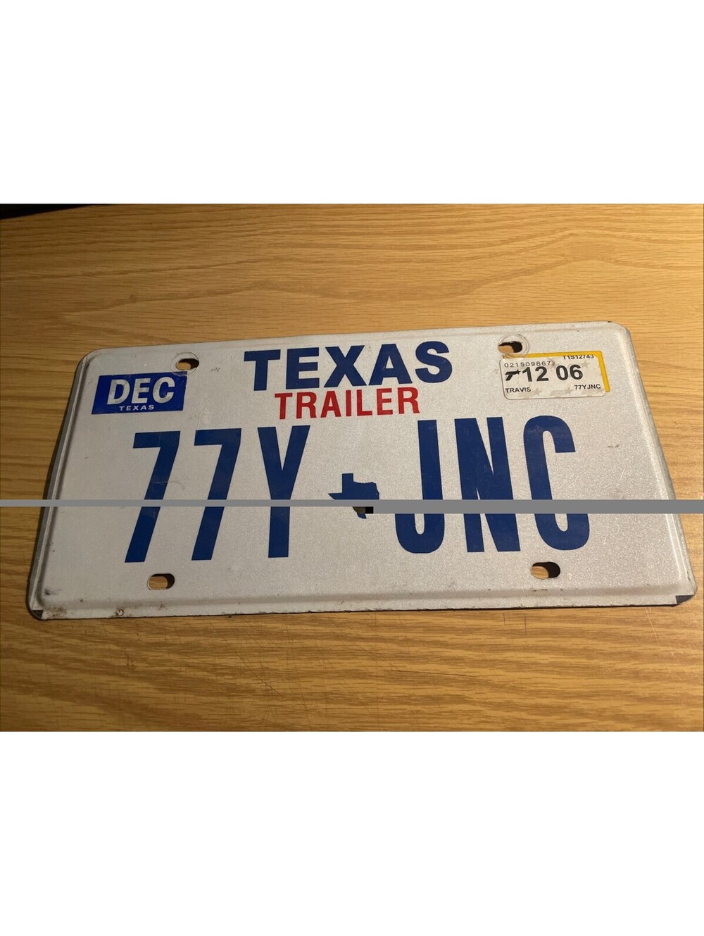 Texas Trailer License Plate TX State USA American Vintage 77Y JNC 2012 2006